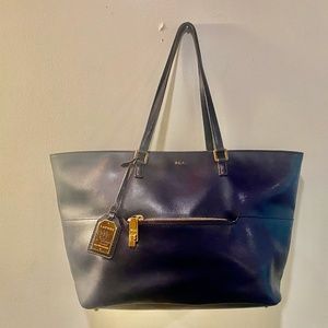 Elegant - Ralph Lauren Royal  Navy Leather Lined  Tote /Hand Bag -gold hardware